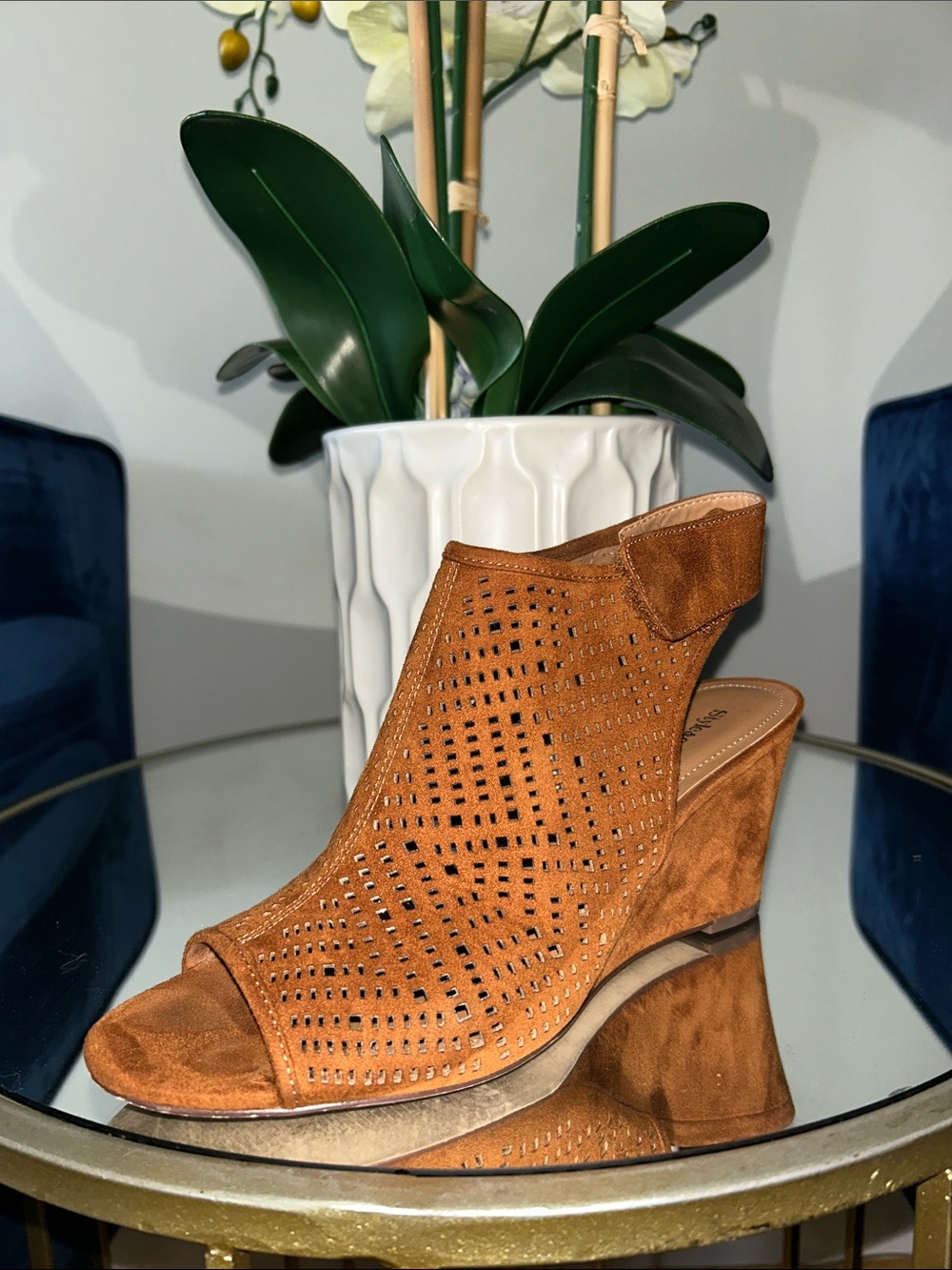 Style & Co. Tan Perforated Suede Peep-Toe Wedge